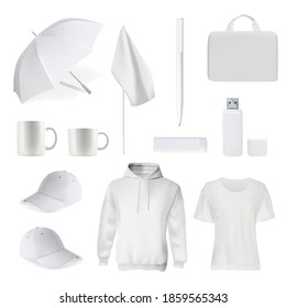 Branding White Item. Corporate Identity Template, Promotional Gift. Realistic T-shirt, Cap, Bag, Usb-flesh Card, Mug Or Cup, Umbrella, Pen, Flag, Sweatshirt Illustration. Branding Item Mockup