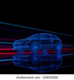 Brandless Generic Wireframe Car In Light Tunnel