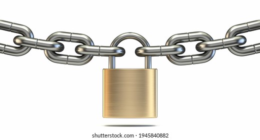 Brass lock and steel chains 3D render illustration isolated white background
