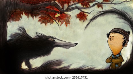 A Brave Boy Peter And A Wolf, Russian Folk Lore Illustration