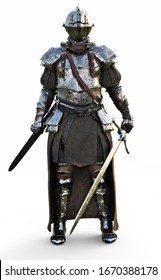 Brave Medieval Knight Standing With A Full Suit Of Armor And Holding A Sword Weapon On A White Background. 3d Rendering