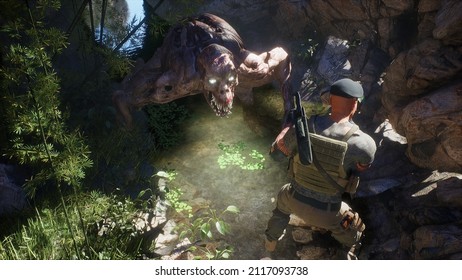A brave soldier fights a nightmarish monster in a tropical jungle. A concept of a green jungle populated by monsters. 3D Rendering.