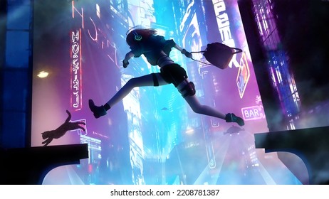 A Brave Young Teenage Girl With A Briefcase Jumps Over The Chasm Between Two Creatures While Running Away From A Chase With A Cat In The Dazzlingly Bright Neon City Of The Future. 2d Action Anime Art