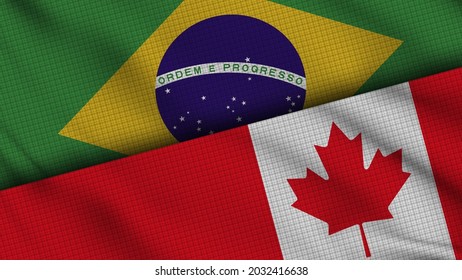 Brazil and Canada Flags Together, Wavy Fabric, Breaking News, Political Diplomacy Crisis Concept, 3D Illustration