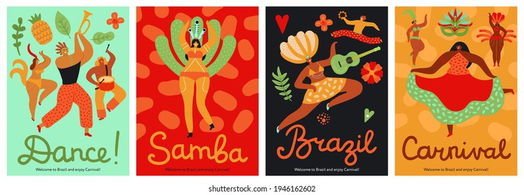 Brazil carnival. Samba, latin trendy party. Fashion brazilian dance festival abstract flyers. Fun music event with dancers posters - Powered by Shutterstock