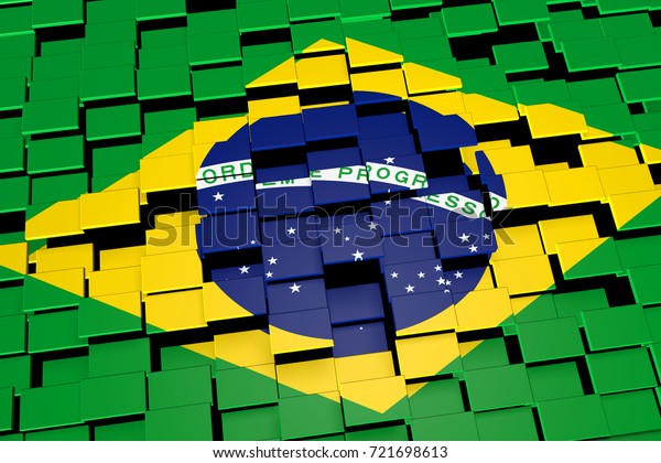 Brazil flag background formed from digital\
mosaic tiles, 3D\
rendering