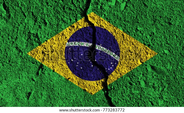 Brazil flag with crack through the middle.\
Country divided\
concept