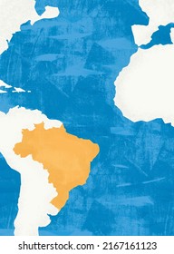 Brazil Illustration. Country Map, Atlantic Ocean Divides South America From Africa. Border Of Brazil With Other Latin American Countries. White, Blue And Yellow.