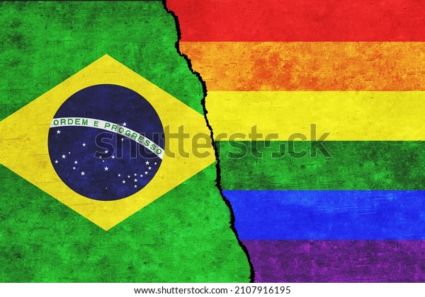 Brazil and LGBTQ painted flags on\
a wall with a crack. Brazil and Homosexuality\
conflicts