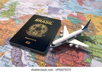 Brazil Passport And An Airplane On World Map 3D Illustration - Brazilian