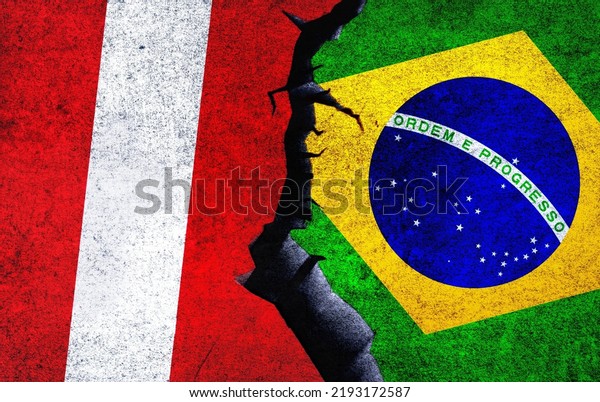 Brazil vs Peru concept flags on a wall with a\
crack. Peru and Brazil political conflict, war crisis, economy\
relationship, trade\
concept