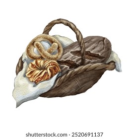 Bread, bun and pretzel. Picnic basket with fresh homemade baked goods. Color illustration, vintage style. Bakery products in a wicker basket. For decorating bakeries and restaurants. Eco products. - Powered by Shutterstock