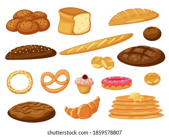 Bread. Fresh Baked Bread And Pancakes, Buns Pastry Icon Isolated Set On White. Bakery Product Assortment Different Type And Taste Illustration. Baking Foodstuff Collection