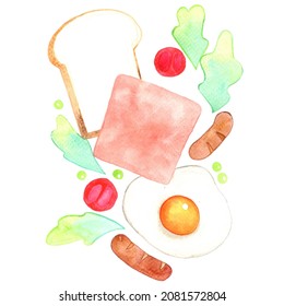 Bread, Ham ,sausage ,fried Egg And Vegetable Watercolor Illustration For Decoration On Breakfast Concept.