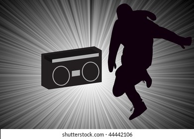 Break Dancer Dancing With Old School Boom Box Silhouette Illustration.