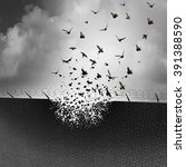 Break down walls and remove barriers and tarrifs as a business concept for open free trade with no levy or excise tax as a security wall being destroyed transforming into a group of flying birds.