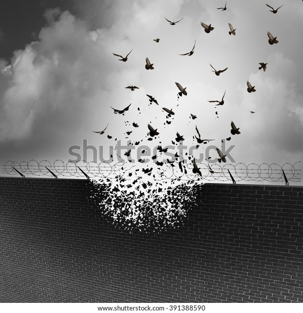 Break down walls and remove barriers and tarrifs\
as a business concept for open free trade with no levy or excise\
tax as a security wall being destroyed transforming into a group of\
flying birds.