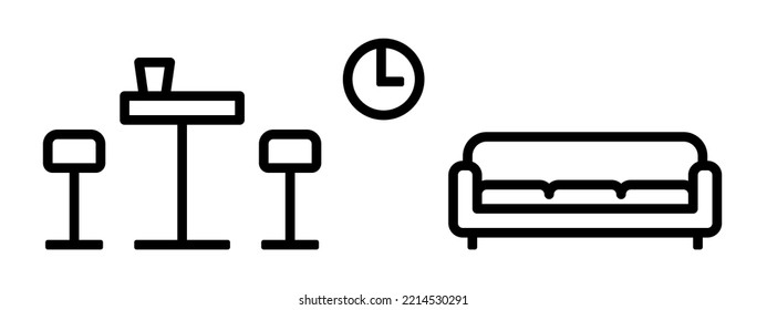 Break Room Icon With Table, Chair, Cup, Clock And Sofa