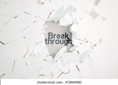 Break through concept with broken concrete wall and text. 3D Rendering