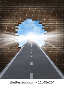 Break through to opportunity concept with a highway going through a broken brick wall to a shinning light of success on a sky background as a business icon and a symbol for a new life vision,
