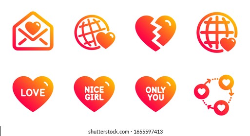 Break Up, Nice Girl And Friends World Line Icons Set. Love, Only You And Love Letter Signs. Friends Community Symbol. Divorce, Sweetheart. Love Set. Gradient Break Up Icons Set.