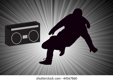 Breakdancer Dancing With Old School Boom Box Silhouette Illustration.