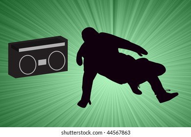 Breakdancer Dancing With Old School Boom Box Silhouette Illustration.