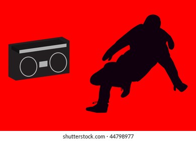 Breakdancer Dancing With Old School Boom Box Silhouette Illustration.