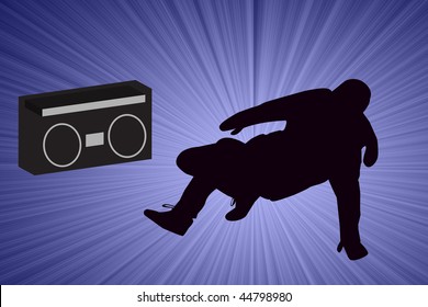 Breakdancer Dancing With Old School Boom Box Silhouette Illustration.