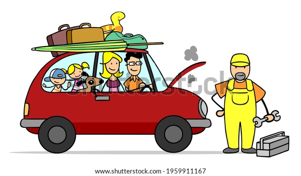 Breakdown service repairs engine\
failure for family in the car on their way to summer\
vacation