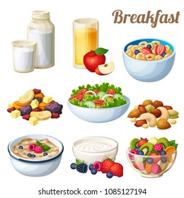 Breakfast 2. Set of cartoon food icons isolated on white background. Milk, apple juice, cold cereal, nuts dried fruits, greek salad, oatmeal yohurt, fruit salad