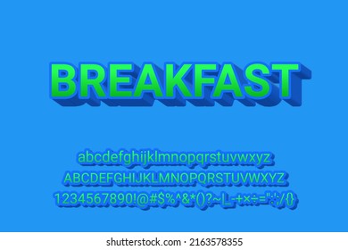 Breakfast 3d Blue Outline Text Effect. Super Futuristic And Elegant Font, Green Alphabet With Blue Outline