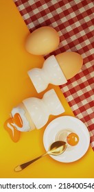 Breakfast Boiled Eggs 3d Render Illustration Cartoon Style. Egg Cups With Liquid Chicken Eggs, Plate With Gold Spoon On Table Cloth With Red And White Checkered Pattern On Yellow Background