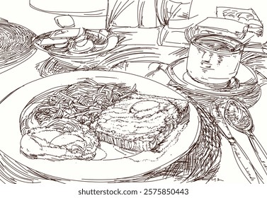 Breakfast with fried eggs and coffee in the cafe. Hand drawn illustration