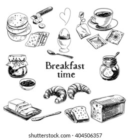 Breakfast Hand Drawn Set. Vintage Illustration.