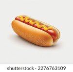 Breakfast hot dog with mustard and bun 3d illustration isolated on white background. hot dog abstract design isolated.