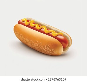 Perro caliente de desayuno con mostaza y ilustración 3d de bollo aislado en fondo blanco. diseño abstracto de hot dog aislado.