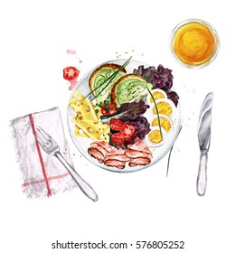 Breakfast Or Lunch Food Platter. Watercolor Illustration