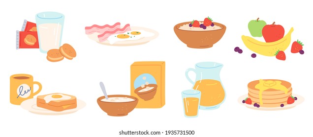 Breakfast meal. Morning lunch drink and food healthy fruit, eggs and bacon, bread, porridge, cereal and milk, pancakes. Luncheon  set - Powered by Shutterstock