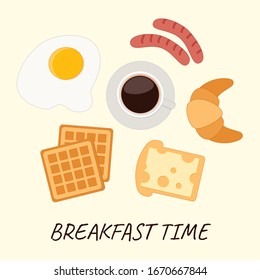 Breakfast time set: fried eggs, sausages, coffee, bread with cheese, croissant, waffles. Food background. 