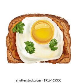 Breakfast Toast With Refried Beans, Salsa, Cilantro And Fried Egg. Tasty Toast Illustration Isolated On White Background