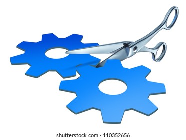 Breaking Up A Business As A Pair Of Scissors Cutting In Two Pieces A Paper Cut Out Shaped As Gears And Cogs Representing The Financial Split Of Assets And Company Spin Off Or Selling Stock On White.