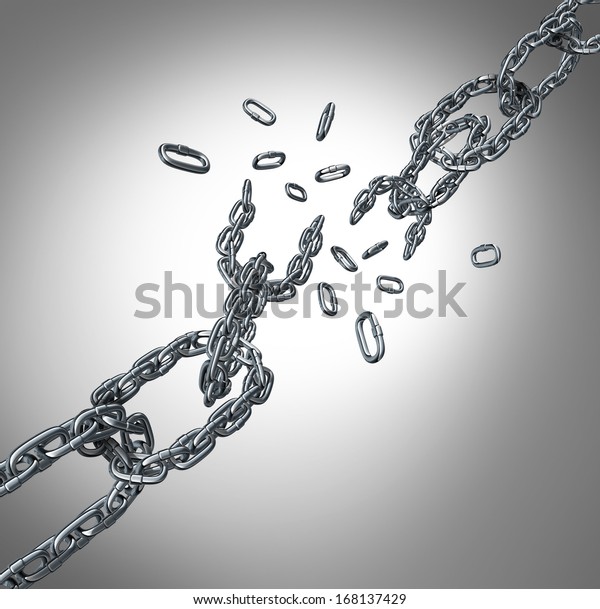 Breaking chain group as a business concept\
for organization stress and partnership failure as a group of metal\
links exploding as a metaphor for free your mind and freedom from\
financial\
constraints.