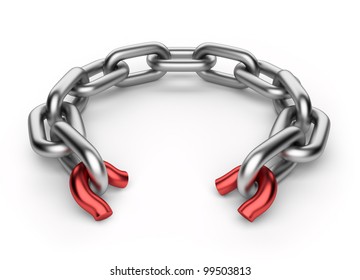 Breaking Chain. Weak Link Concept. 3D Illustration Isolated On White