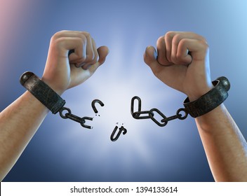 Breaking Free, a man breaking chains, shackles to freedom, 3d render illustration