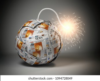 Breaking hot news concept. Bomb from newspapers with wick  and sparks. 3d illustration