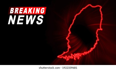 Breaking News Map Of Grenada, Outline Red Glow Map, On Dark Background