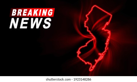 Breaking News Map Of New Jersey, Outline Red Glow Map, On Dark Background