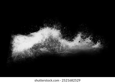 Breaking ocean wave isolated on black background. Water splashes. Black and white illustration