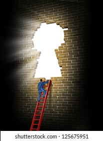 Breaking in to opportunity as a business man climbing a broken brick wall in the shape of a glowing light keyhole with a red ladder as a concept of success and winning.